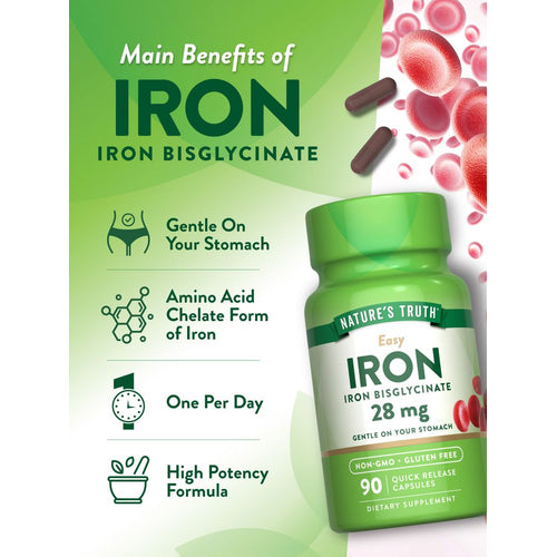 Graphic stating Gentle On Your Stomach, Amino Acid Chelate Form of Iron, One Per Day, High Potency Formula.