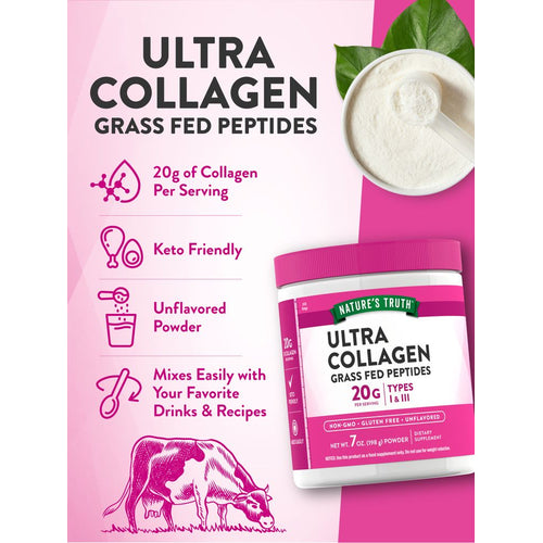 Product highlights graphic stating 20g of Collagen Per Serving, Keto Friendly, Unflavored Powder, Mixes Easily with Your Favorite Drinks & Recipes