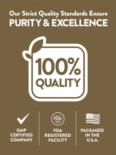 Infographic stating: 100% QUALITY, GMP CERTIFIED COMPANY, FDA REGISTERED FACILITY, PACKAGED IN THE USA.