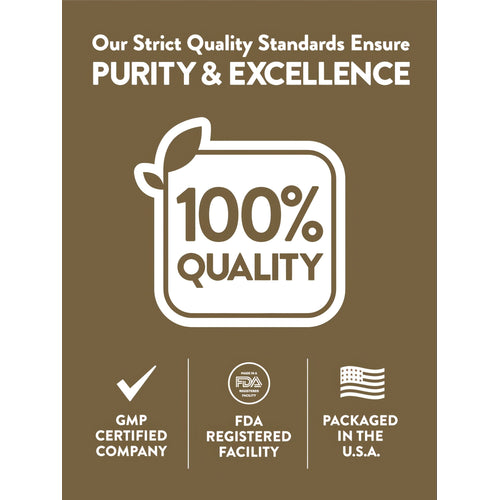 View 5 Infographic stating: 100% QUALITY, GMP CERTIFIED COMPANY, FDA REGISTERED FACILITY, PACKAGED IN THE USA.