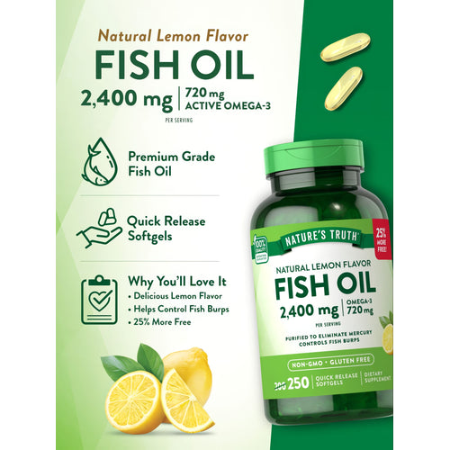 Three yellow Quick Release Softgels, Natural Lemon Flavor Fish Oil, 2,400 mg with 720 mg Active Omega-3 per serving.