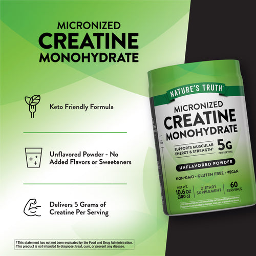 Nature's Truth Micronized Creatine Monohydrate Powder, 10.6 oz (300 g), provides 60 servings.