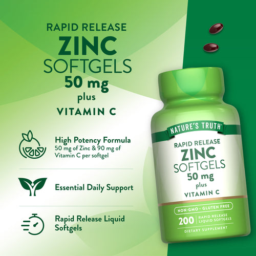 Product highlights graphic stating High Potency: 50 mg Zinc & 90 mg Vitamin C per softgel, Essential Daily Support, Rapid Release Liquid Softgels