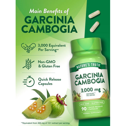 Two Garcinia Cambogia 3,000 mg equivalent quick release capsules are shown.