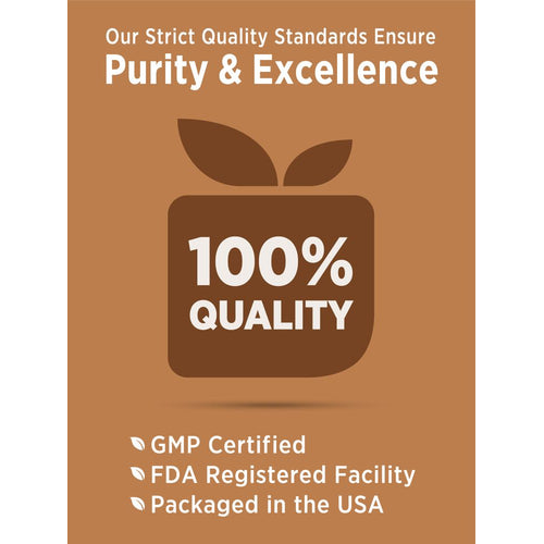 Infographic displaying: Purity and Excellence, 100% QUALITY, GMP Certified, FDA Registered Facility, Packaged in the USA.