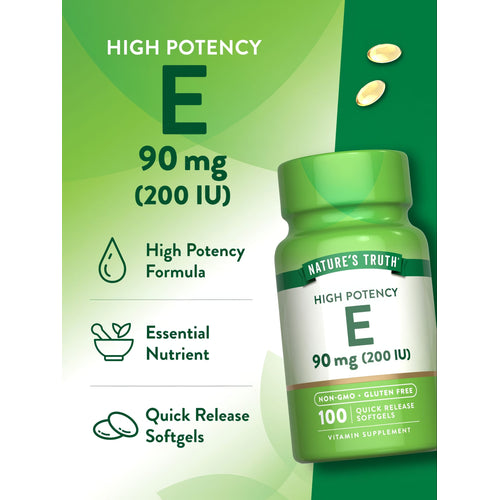 Two golden Vitamin E softgels, each containing 90 mg (200 IU).
