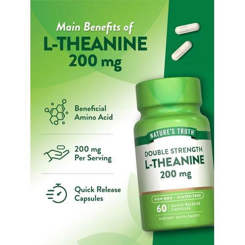 Two white L-Theanine 200 mg Quick Release Capsules are shown for display.