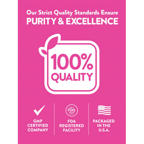 Infographic showing 100% quality, GMP-certified company, FDA-registered facility, packaged in the U.S.A.
