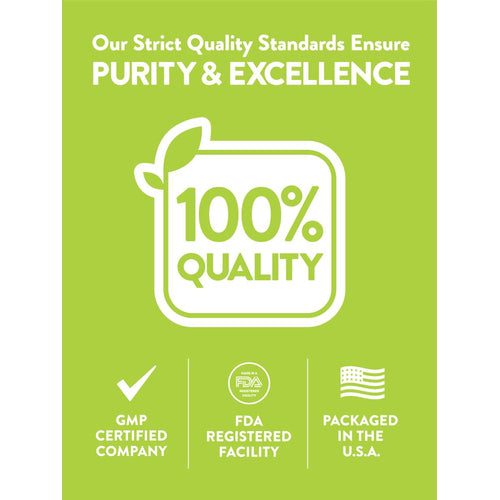 Infographic: Quality Standards Ensure PURITY & EXCELLENCE, 100% QUALITY, GMP CERTIFIED, FDA REGISTERED FACILITY, PACKAGED IN USA.