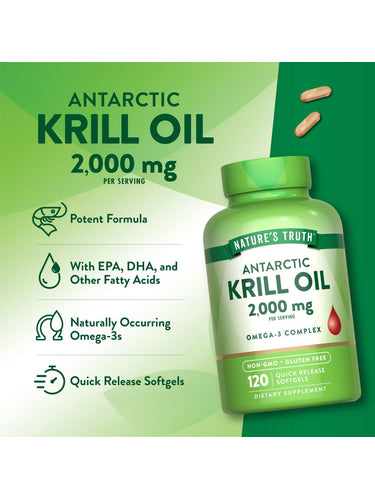 Two 2,000 mg Antarctic Krill Oil softgels shown on a hand for scale.