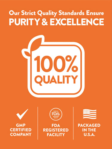 Infographic stating Our Strict Quality Standards Ensure PURITY & EXCELLENCE, 100% QUALITY, GMP CERTIFIED COMPANY, FDA REGISTERED FACILITY, PACKAGED IN THE U.S.A.