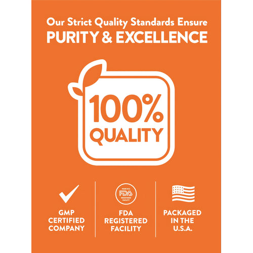 Infographic stating Our Strict Quality Standards Ensure PURITY & EXCELLENCE, 100% QUALITY, GMP CERTIFIED COMPANY, FDA REGISTERED FACILITY, PACKAGED IN THE U.S.A.