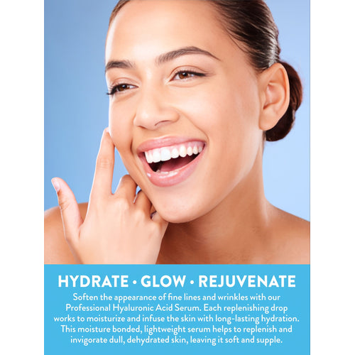 Smiling young woman touching cheek. Text reads: HYDRATE • GLOW • REJUVENATE. Serum for fine lines and hydration.