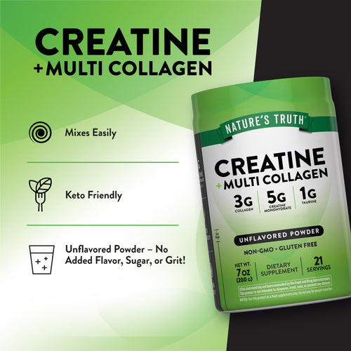 Product highlights graphic stating Mixes Easily, Keto Friendly, Unflavored Powder – No Added Flavor, Sugar, or Grit!