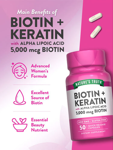 Two white quick release capsules with Biotin and Keratin, containing 5,000 mcg Biotin and Alpha Lipoic Acid.