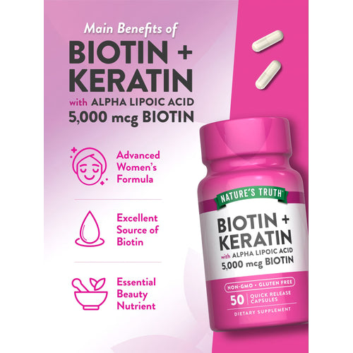 Two white quick release capsules with Biotin and Keratin, containing 5,000 mcg Biotin and Alpha Lipoic Acid.