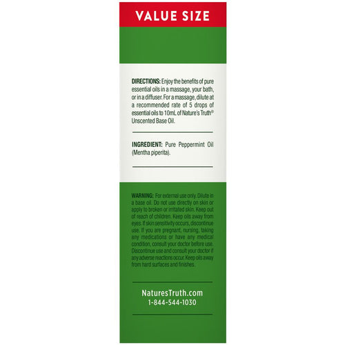 Label for VALUE SIZE Peppermint Oil showing directions, pure peppermint oil ingredient, and warnings.