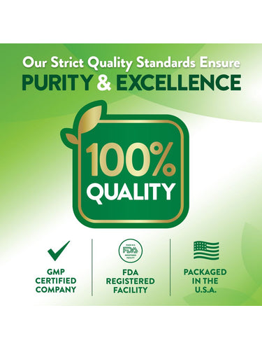 Infographic stating Our Strict Quality Standards Ensure PURITY & EXCELLENCE, 100% QUALITY, GMP CERTIFIED COMPANY, FDA REGISTERED FACILITY, PACKAGED IN THE U.S.A.