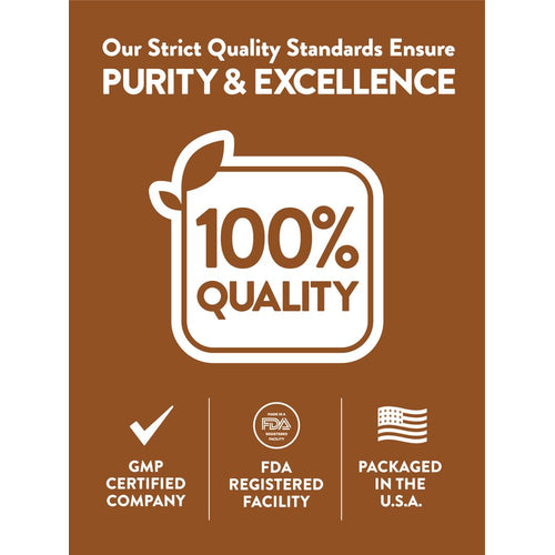 Infographic: Purity & Excellence standards, 100% Quality, GMP Certified Company, FDA Registered Facility, Packaged in the U.S.A.