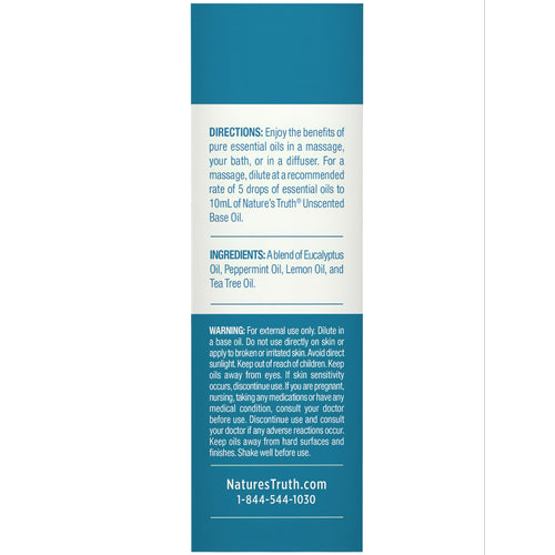NT Breathe Easy Oil 15 mL product label with directions, ingredients (Eucalyptus, Peppermint, Lemon, Tea Tree Oil), and warnings.