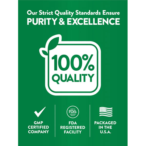 Infographic illustrating Purity & Excellence, 100% Quality, GMP Certified Company, FDA Registered Facility, packaged in the U.S.A.