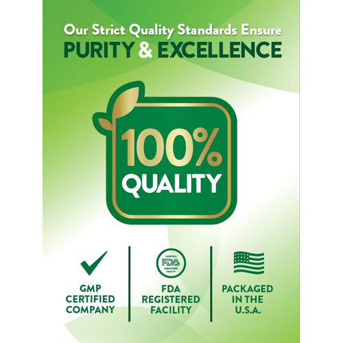 Infographic illustrating purity and excellence; 100% quality, GMP certified company, FDA registered facility, packaged in the U.S.A.