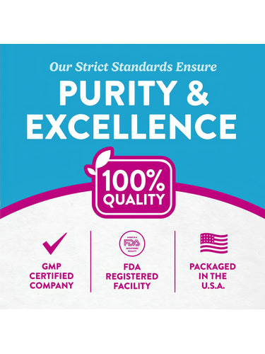 Infographic showing purity, excellence, 100% quality, GMP certified, FDA registered facility, packaged in the USA.