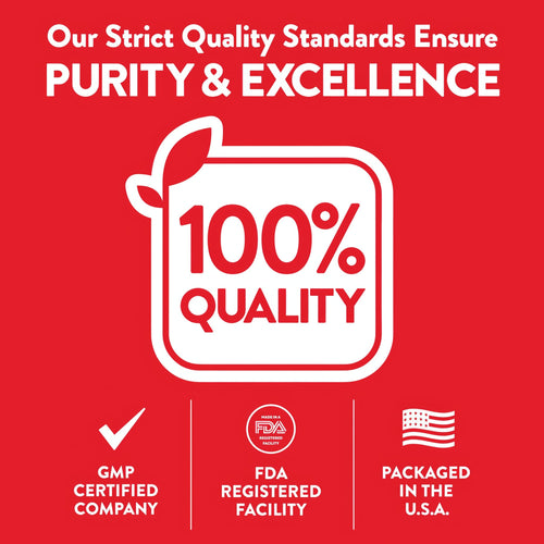 Infographic: Strict Quality Standards for PURITY & EXCELLENCE, 100% QUALITY, GMP CERTIFIED COMPANY, FDA REGISTERED FACILITY, PACKAGED IN THE U.S.A.