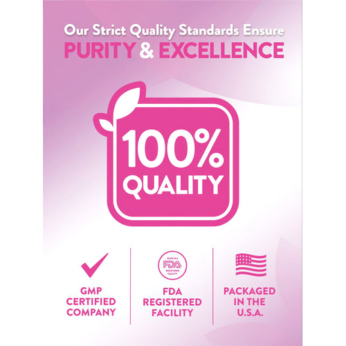 View 6 Infographic stating Strict Quality, Purity & Excellence, 100% Quality, GMP Certified Company, FDA Registered Facility, Packaged in U.S.A.