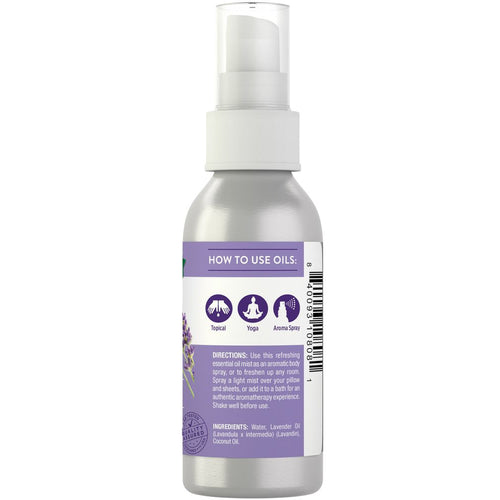 NT Lavender Spray 2.4 oz bottle with a clear cap and label displaying usage directions and ingredients.