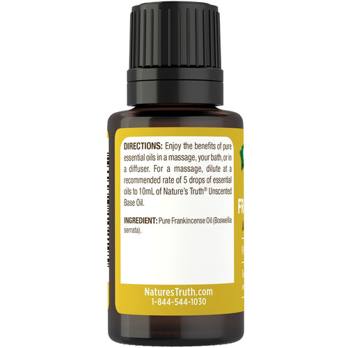 Frankincense Oil 15 mL bottle label showing directions and ingredient: Pure Frankincense Oil (Boswellia serrata).