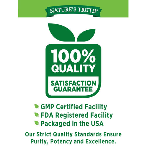 Infographic stating 100% Quality, Satisfaction Guarantee, GMP Certified, FDA Registered, Packaged in USA, Quality Standards.