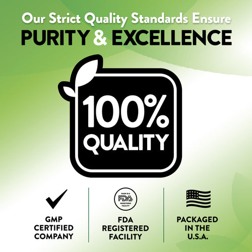 Infographic states: Purity & Excellence Standards, 100% QUALITY, GMP CERTIFIED COMPANY, FDA REGISTERED FACILITY, PACKAGED IN USA.