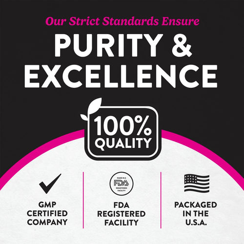 Infographic showing Purity & Excellence, 100% Quality, GMP Certified Company, FDA Registered Facility, Packaged in the U.S.A.