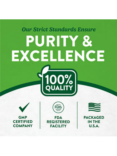 Infographic stating purity, excellence, 100% quality, GMP certified company, FDA registered facility, packaged in the USA.