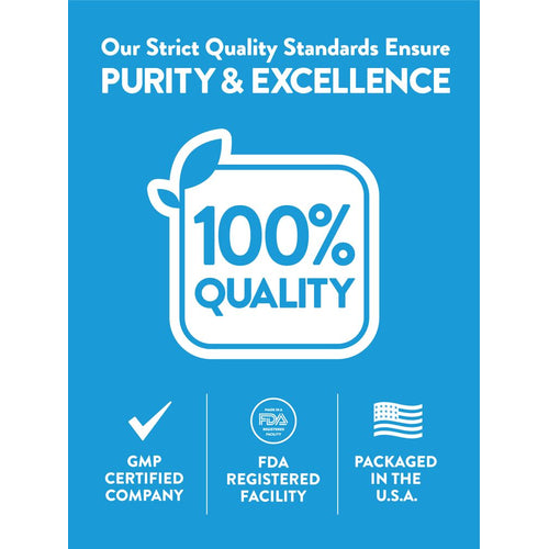 This infographic highlights a 100% quality, GMP-certified company, FDA-registered facility, packaged in the USA.
