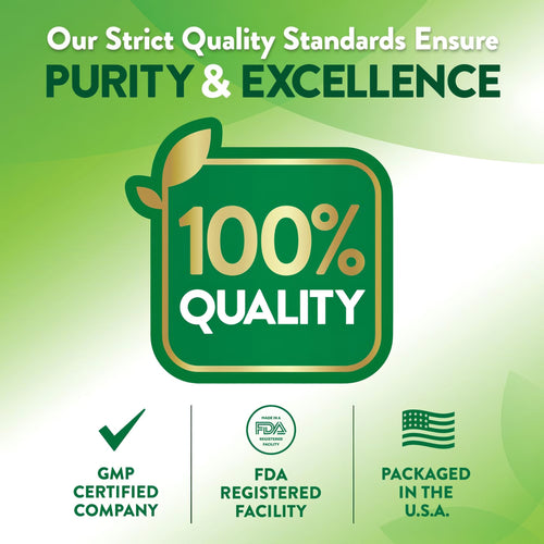 Infographic: PURITY & EXCELLENCE, 100% QUALITY, GMP CERTIFIED COMPANY, FDA REGISTERED FACILITY, PACKAGED IN THE U.S.A.