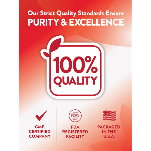 Infographic: Quality Standards for PURITY & EXCELLENCE, 100% QUALITY, GMP CERTIFIED COMPANY, FDA REGISTERED FACILITY, PACKAGED IN THE U.S.A.