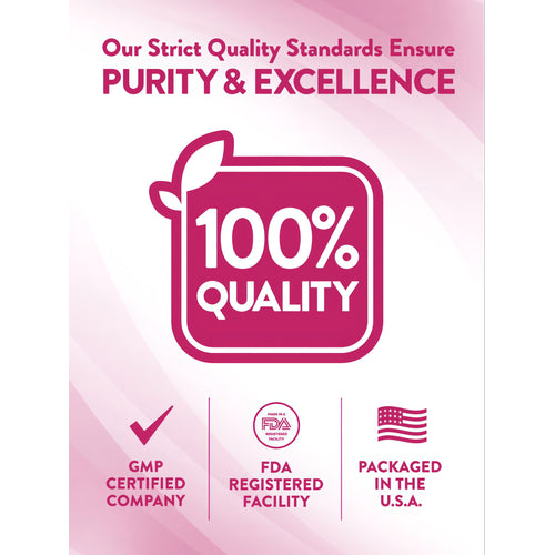 An infographic featuring 100% quality, GMP certified company, FDA registered facility, packaged in the U.S.A.