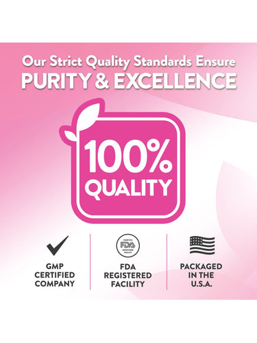 Infographic showing Purity & Excellence Quality Standards with 100% Quality, GMP Certified, FDA Registered, Packaged in the USA.