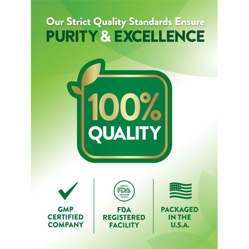 View 6 This infographic highlights a 100% quality, GMP certified company with an FDA registered facility, packaged in the U.S.A.