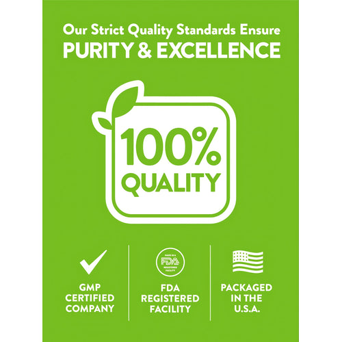 Infographic showing '100% QUALITY', 'GMP CERTIFIED COMPANY', 'FDA REGISTERED FACILITY', 'PACKAGED IN THE U.S.A.'.