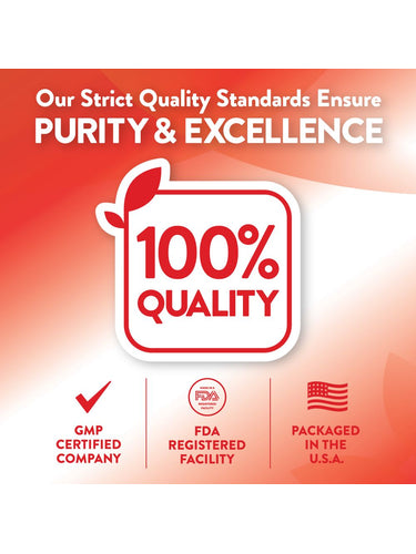 Infographic showing 100% quality, GMP certified company, FDA registered facility, packaged in the U.S.A.