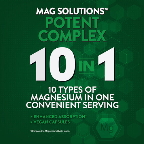 Graphic: MAG SOLUTIONS POTENT COMPLEX with 10 types of magnesium, enhanced absorption, and vegan capsules.