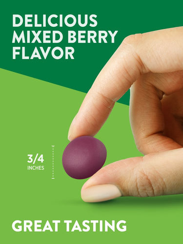 Gummy with mixed berry flavor, 3/4 inches. Image text: 'DELICIOUS MIXED BERRY FLAVOR', 'GREAT TASTING'.