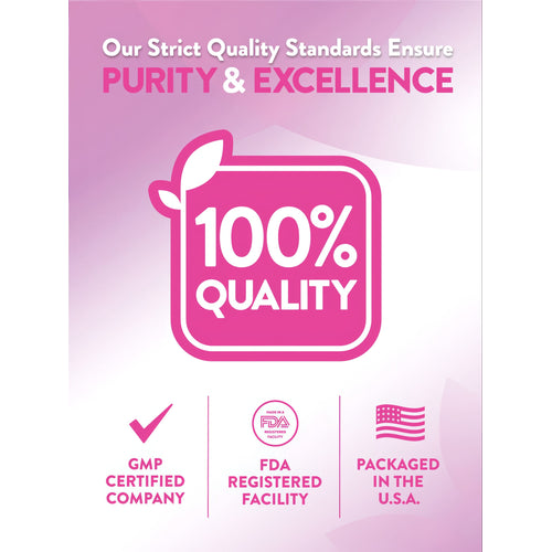 Infographic: Purity & Excellence standards, 100% Quality, GMP Certified Company, FDA Registered Facility, Packaged in the U.S.A.