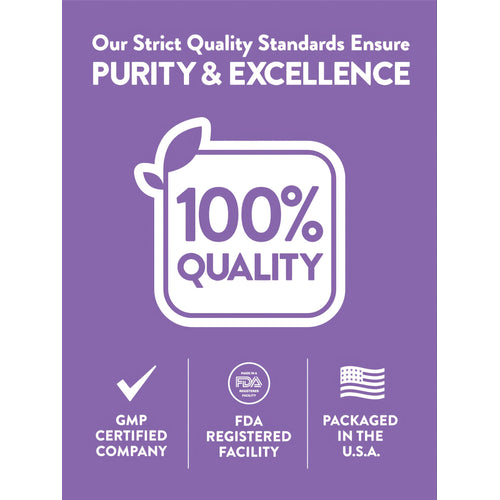 Infographic: Quality standards ensure Purity & Excellence. 100% Quality, GMP Certified, FDA Registered Facility, Packaged in USA.