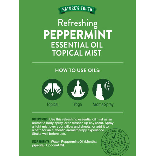 Label of Peppermint Spray showing uses (Topical, Yoga, Aroma Spray), ingredients, and 'Lab Tested Quality Assured' seal.