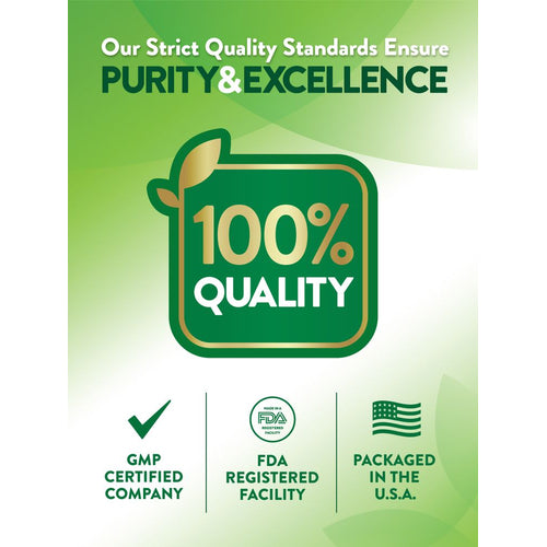 Infographic showing 100% quality, GMP certified company, FDA registered facility, packaged in the U.S.A.