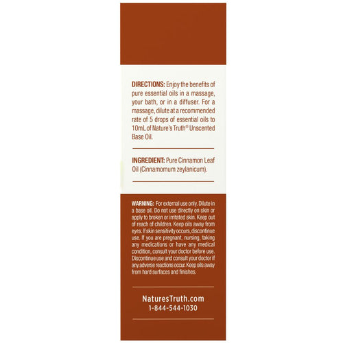 Label for NT Cinnamon Oil 15 mL displays directions, ingredients like Pure Cinnamon Leaf Oil, and safety warnings.
